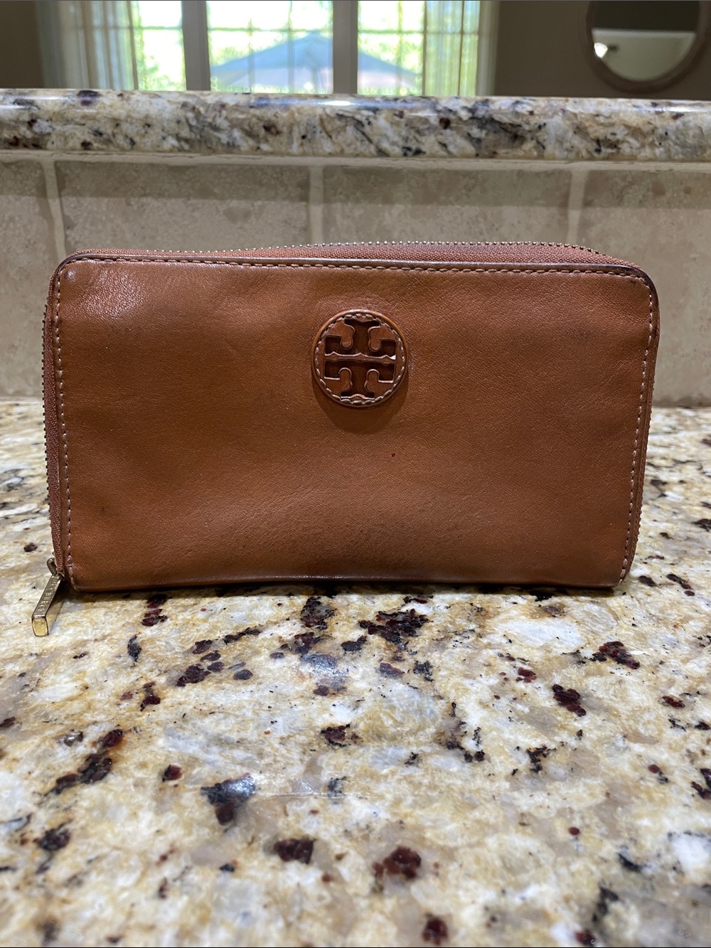 Tory Burch Tan Leather Zip Wallet with Logo Medallion